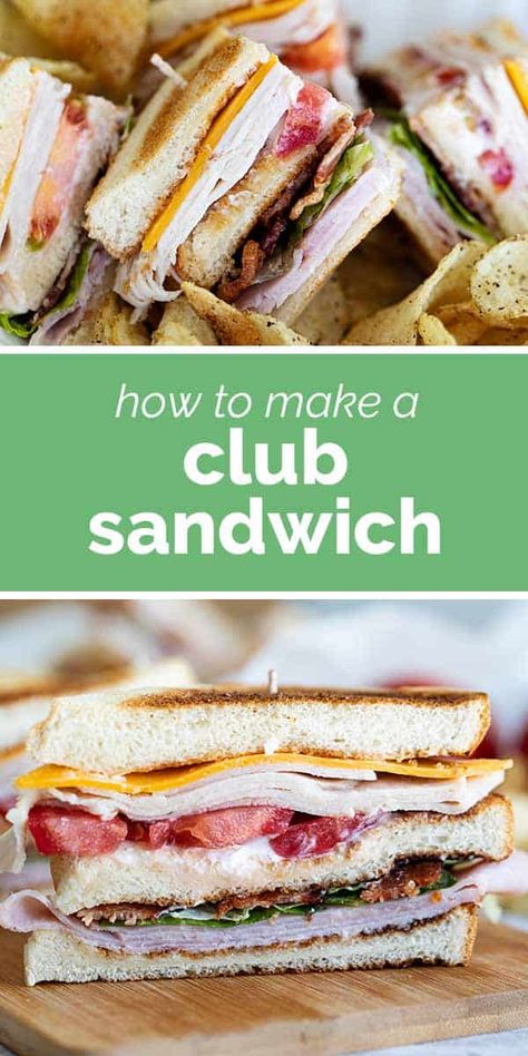 A popular sandwich seen on menus across the United States, this Club Sandwich is hearty and easy for a weeknight. Filled with layers of ham, turkey, bacon, cheese and veggies, this is a double-decker sandwich everyone loves. #recipe #sandwich #clubsandwich Vegetarian Club Sandwich, Toasted Sandwich Recipes, Recipe Sandwich, Club Sandwich Recipes, July Recipes, Deli Turkey, Toast Sandwich, Sandwich Board, Sliced Turkey