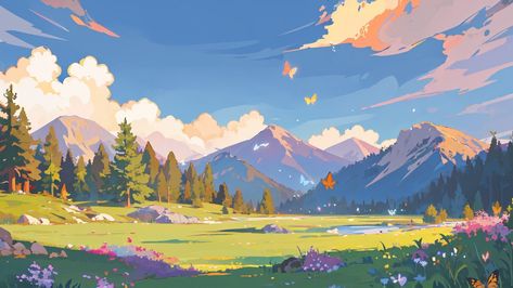 Anime Scenery Wallpaper Landscapes Pc, Anime Illustration Art Wallpaper Desktop, Landscape Art Wallpaper Desktop, Cute Environment Art, Ghibli Art Landscape, Kawaii Background Landscape, Illustration Art Wallpaper Desktop, I Pad Backgrounds Aesthetic Horizontal, Pixel Art Fantasy Landscape