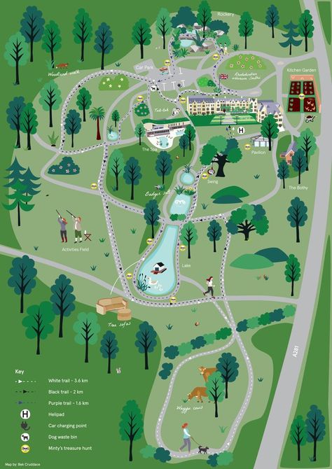 Commission from Exclusive Collection, a family owned group of hotels in the South of England, to design illustrated hotel grounds maps for their 6 properties. Neighborhood Map Design, Hotel Map Design, Tourist Map Design, Park Map Design, Property Map Design, Property Illustration, Event Map Illustration, Travel Map Illustration, Illustrative Map