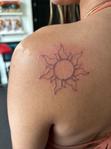 Sun In Rapunzel, Rapunzels Flower Tattoo, Disney Word Tattoos, Repunzal Tattoo Ideas, Rapenzul Tattoo, You Were My New Dream Tangled Tattoo, Rupunzle Sun Tattoo, Tangled Tiny Tattoo, Rapunzel Tangled Tattoo