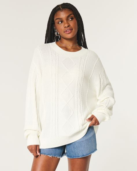 Women's Easy Foldover Off-the-Shoulder Sweater | Women's Tops | HollisterCo.com Oversized White Sweaters, Chunky Pullover Sweater, Knit Oversized Sweater, Casual Pullover Sweater, Stitch Sweater, Oversized Sweater Women, Cable Stitch, Long Sleeve Knit Sweaters, Cable Sweater