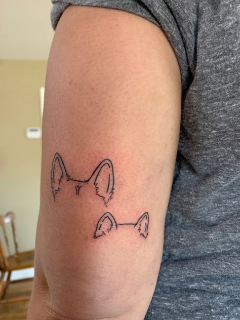 Fine line tattoo of our dogs ears. Done by Zac @MountainMule in Knoxville, TN Line Tattoo Of Dog, Dog Ears Line Art, Floppy Ear Dog Tattoo, Fine Line Corgi Tattoo, Tattoos Inspired By Dogs, Fine Line German Shepherd Tattoo, Fine Line Dog Tattoo Ears, Fine Line Pet Portrait Tattoo, German Shepherd Ear Tattoo