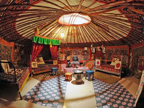 Mongolia may be best known for it’s vast plains and never ending desert landscapes but there is also rich culture in crafts and design hidden inside its homes. The Ger which simply means home… Mongolian Tent, Mongolian Ger, Yurt Interior, Mongolian Yurt, Yurt Home, Yurt Living, Yurt Tent, Basement Makeover, Print Inspiration