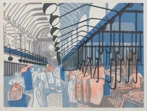 Artwork by Edward Bawden, Smithfield Market, Made of linocut Smithfield Market, Edward Bawden, London Market, Mid Century Illustration, Kew Gardens, Illustrated Map, British Art, Lino Print, British Artist