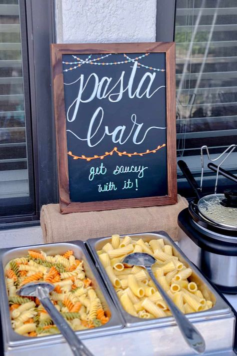 A pasta bar party for a crowd. Perfect for the big game, birthday parties, kids parties or holiday events! Pasta Bar Ideas Buffet Graduation, Pasta Bar Decorations, Pasta Graduation Party Bar Ideas, Birthday Party Food Bar Ideas, Pasta Bar Ideas Birthday, Spaghetti For A Crowd Parties, Open House Birthday Party Ideas, Pasta Buffet Ideas Parties, Pasta Bar Graduation Party