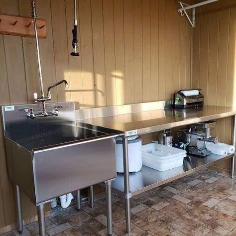 Garage Sink And Counter, Small Cafe Kitchen Design, Meat Processing Room, Sink In Garage, Commercial Kitchen Design For Home, Quail Feather, Small Commercial Kitchen, Industrial Kitchen Sink, Garage Setup