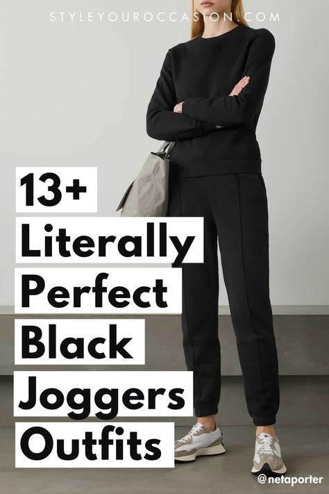 Looking for jogger pants outfit ideas for everyday style in fall or winter? You’ll love this list of casual black joggers outfit ideas for women that have a perfect street style vibe. There are also dressy black jogger outfits for work. (Trendy outfits 2024) High Waisted Black Joggers Outfit, How To Wear Black Joggers Casual, Jogger For Work, All Black Outfit Sporty, Womens Jogger Pants Outfit, Jogger Black Pants Outfit, Gym To Street Style, Baggy Black Joggers Outfit, Black Jean Joggers Outfit