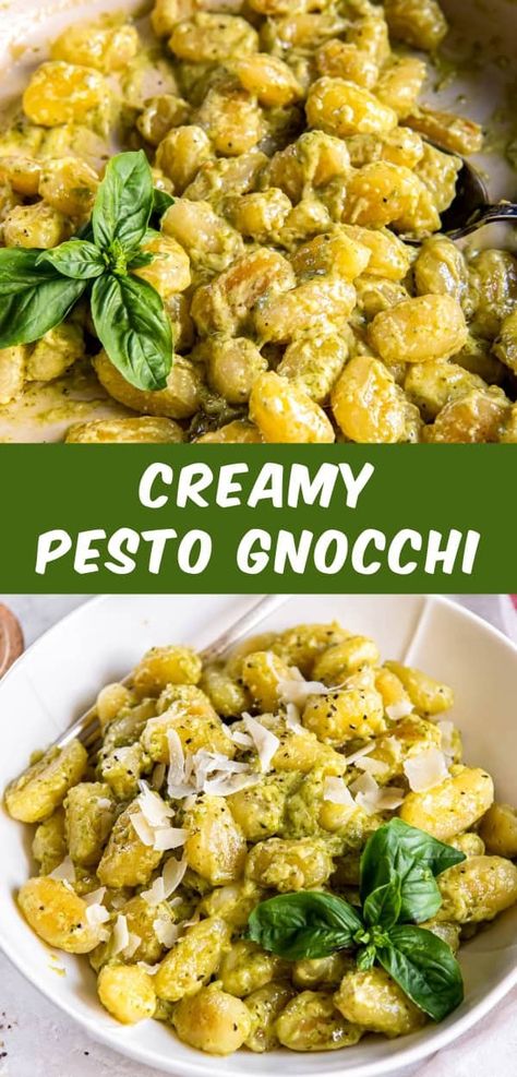 Make weeknights easy with this Creamy Pesto Gnocchi! You only need 6 ingredients and everything cooks in one skillet in under 20 minutes. Creamy Pesto Gnocchi, Pesto Gnocchi, Creamy Pesto Sauce, Baked Pesto Chicken, Homemade Pesto Sauce, Spinach Pesto, Quick Pasta Recipes, Homemade Gnocchi, Basil Recipes