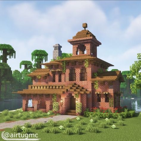 Minecraft Brick Mansion, Minecraft House With Courtyard, Sky House Minecraft, Minecraft Jungle House, Minecraft Brick, Minecraft Building Ideas, Case Minecraft, Minecraft Structures, Bangunan Minecraft