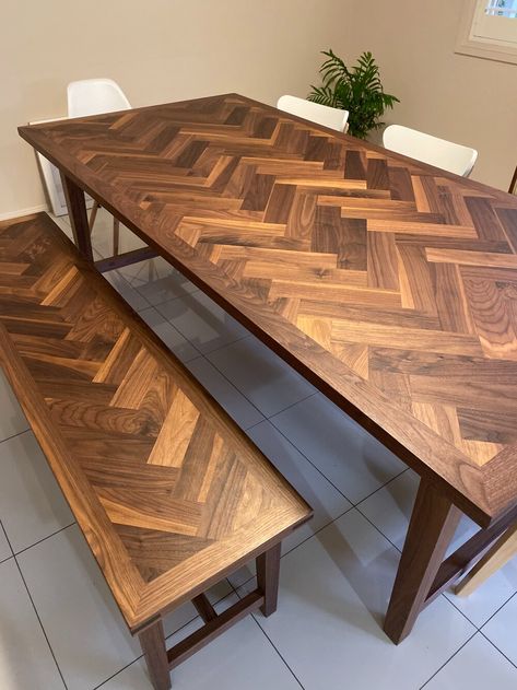 Chevron Dining Table Diy, Wood Herringbone Table Top, Herringbone Table Diy, Herringbone Table Dining, Wood Banquet Tables, Herringbone Farmhouse Table, Diy Chevron Table, Parquet Table Top, Wooden Table Top Designs