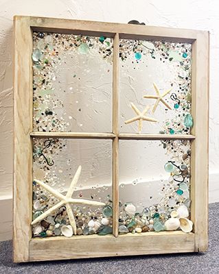 Window Art Diy, Sea Glass Window Art, Sea Glass Window, Beach Window, Mosaic Window, Old Window Projects, Beach Resin, Sea Glass Mosaic, Window Crafts