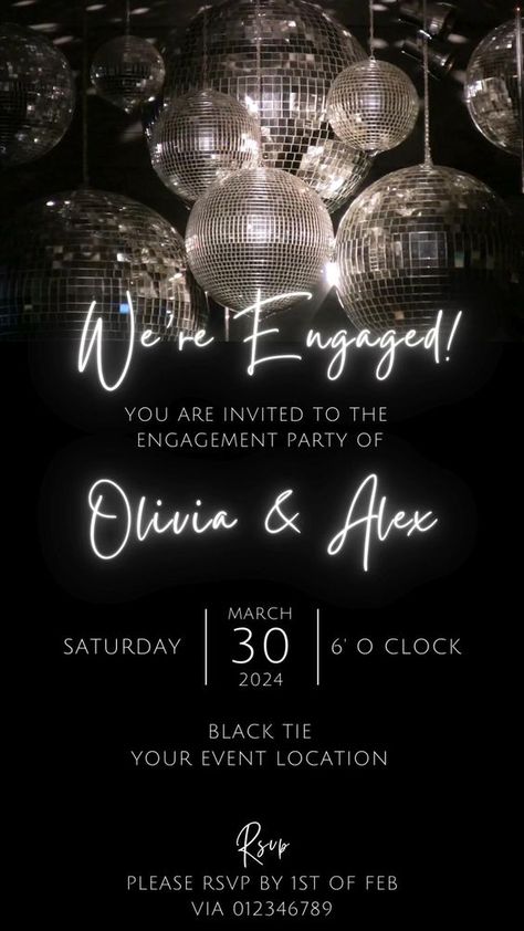 Etsy Shop Link in Bio! @alexandralovedigital | disco party invitations, engagement party invite digital, disco glam party, disco ball invitations Disco Party Invitations, Disco Glam Party, Classroom Party Ideas, Engagement Party Dinner, Party Disco Ball, Glam Invitation, Invitations Engagement, Engagement Party Themes, Engagement Dinner