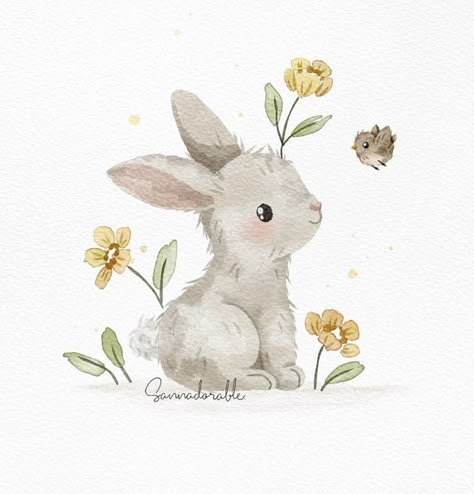 Watercolour Bunny Easy, Farm Animal Watercolor, Coelho Aesthetic, Baby Bunny Drawing, Baby Bunnies Drawing, Watercolour Rabbit, Nursery Watercolor Art, Cute Watercolor Animals, Nursery Drawings