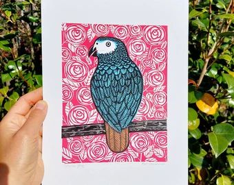 Linocut red uk | Etsy AU Color Linocut, Relief Prints, Grey Parrot, Relief Printing, African Grey Parrot, Linocut Art, Relief Print, African Grey, Handprint Art