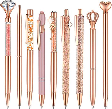 9 Pcs Ballpoint Pens Set Metal Crystal Diamond Pen Liquid Sand Glitter Pen for Journaling Black Ink Pretty Cute Pens Fancy Pens Gifts for Women Girls School Wedding Office Desk Supplies (Rose Gold) Rose Gold Pen, Fancy Pens, Crystal Pen, Fine Point Pens, Diamond Pen, Gold Pen, Cute Pens, Metal Pen, Glitter Pens