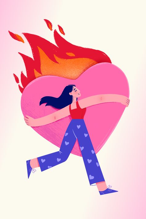 Girl with burning heart illustration for drawing challenge. Digital art. DTIYS challenge by Patrisxa. Heart Character Illustration, Self Love Illustration Art, Flat Art Illustration, Woman Doodle, Happiness Illustration, Challenge Illustration, Study Illustration, Dtiys Challenge, Burning Heart