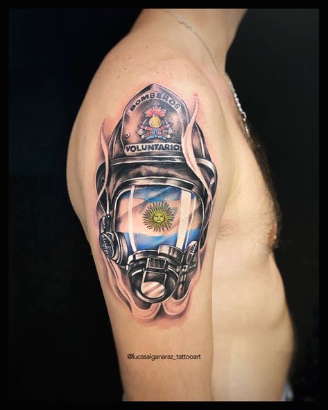 #firefighter #tattoo #tattooideas #lucasalgañaraztattoo Shield Tattoo, Firefighter Tattoo, Z Tattoo, Firefighter, Skull Tattoo, Tattoos