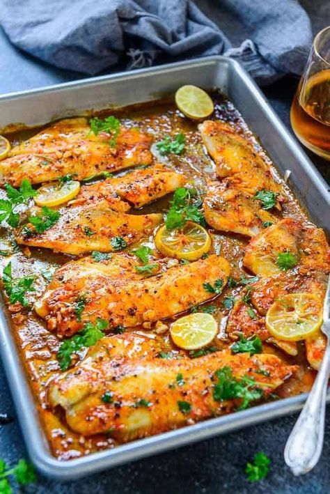 Baked Tilapia Fillets, Healthy Tilapia, Baked Tilapia Recipes, Seafood Delight, Garlic Baked, Tilapia Recipe, Tilapia Fish, Fish Recipes Baked, Baked Tilapia