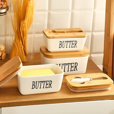 Hanobe Ceramic Butter Dish with Bamboo Lid, Airtight Butter Keeper Container Covered for Countertop or Refrigerator, Kitchen Porcelain Butter Storage Holder with Knife, 12oz/350ml White : Amazon.ca: Home Butter Container, Butter Storage, طق�م شاي, Butter Keeper, Ceramic Butter Dish, Cheese Box, Úložný Box, Cerámica Ideas, Ceramic Boxes