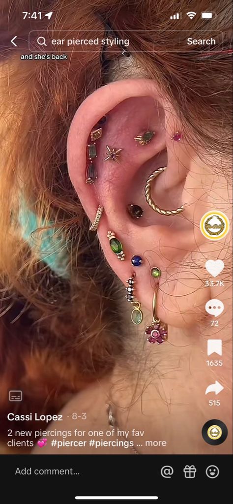 Pretty Ear Piercing Combinations, Ear Piercing Patterns, Colorful Ear Curation, Decked Out Ear Piercings, Coin Slot Ear, Ear Layout Ideas, Lots Of Piercings Ears, Celestial Ear Piercings, Ear Piercing Layout Ideas