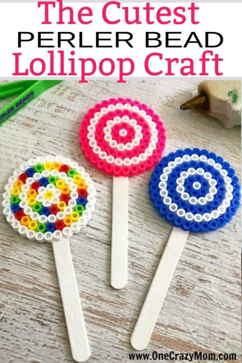 HOW TO MAKE A LOLLIPOP PERLER BEADS CRAFT. Perler beads are so fun and this Lollipop Perler Beads Craft is the perfect activity for the kids. This craft idea is simple and frugal but a blast to make! #onecrazymom #kidsactivities #kidscrafts #kidscraftsdiy #diykidscrafts #easykidcrafts #perlerbeadcrafts #perlerbeads #perlerbeadcraftsdiy #perlerbeadlollipop #perlerbeadlollipopcraft Lollipop Craft, Easy Perler Bead Patterns, Easy Perler Beads Ideas, 3d Perler Bead, Student Christmas Gifts, Beads Craft, Bead Frame, Diy Perler Beads, Crafts With Pictures