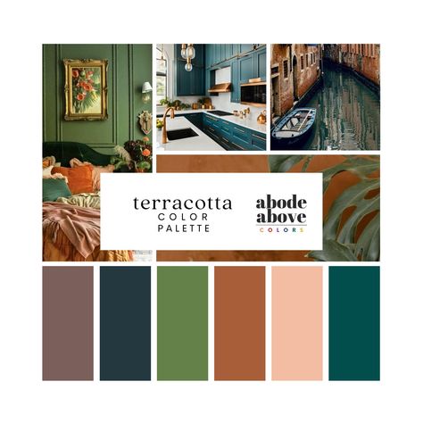 Terracotta - Home Color Palette | Sherwin Williams 2024 Whole House Color Scheme | Interior Paint Design | Copper, Peach, Green by AbodeAboveColors on Etsy Fall Color Palette Kitchen, Terracotta Burnt Orange Color Palette, Terracota Colour Pallet, Teal Orange Green Color Palette, Jewel Tone Cottage, Bright Color Palette For Home, Spanish Villa Color Palette, May Color Scheme, Bright Earth Tone Color Palette