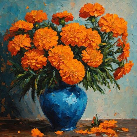 Marigold Oil Painting, Painting Marigolds, Marigold Flower Painting, Marigold Painting, Future Painting, Orange Painting, Rennaissance Art, Flower Painting Canvas, Tableau Art