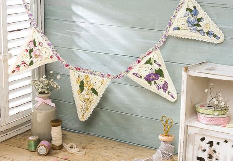 floral bunting Flower Bunting, Pretty Cross Stitch, Free Cross Stitch Designs, Cross Christmas Tree, Cross Stitch Hoop, Floral Placemats, Easy Cross Stitch Patterns, Halloween Cross Stitch Patterns, Cross Stitch Letters