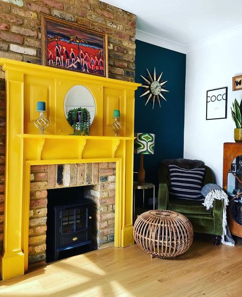 Bright Fireplace, Yellow Fireplace, Front Living Room Ideas, Mantle Diy, Osborne House, Loft Style Homes, Country Fireplace, Airbnb Decor, 2024 Inspiration