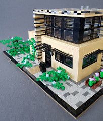 Vanilla House MOC glass corner | by betweenbrickwalls Lego Modern House, Lego Window Technique, Ground Floor House, Lego Modular Moc, Lego Boutique Hotel Moc, Lego Modern House Moc, Lego House Ideas, Geometrical Shapes, Floating Staircase