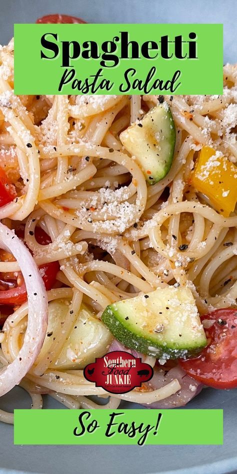 You have to try this recipe for spaghetti pasta salad from Southern Food Junkie! This cold pasta salad is bursting with fresh veggies, parmesan cheese, and a zesty dressing mix that's absolutely irresistible. One of the stars of the show here is the Salad Supreme Seasoning, adding a unique twist to this dish. While it's different from the classic pasta salad, it still brings that familiar and comforting taste you love. Plus, like most pasta salad recipes, this one's a breeze to whip up! Salad Supreme Seasoning Recipe, Salad Supreme Seasoning, Spaghetti Pasta Salad, Salad Supreme, Recipe For Spaghetti, Classic Pasta Salad, Veggie Pasta Salad, Cold Pasta Salad Recipes, Spaghetti Salad