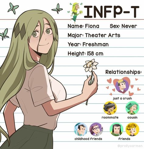 PROLLYCARMEN on Instagram. Mbti As Characters, Mbti Personality Characters, Prollycarmen Mbti, Mbti Characters Fanart, Infp X Intj, Entp Fanart, Infp X Entp, Infp Entp, Infp Fanart