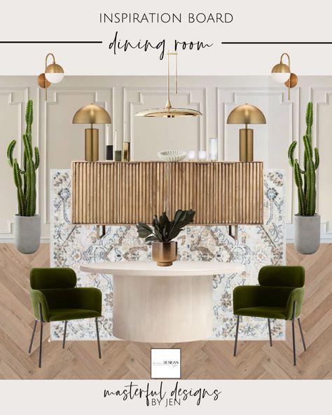 Neutral earthy tones make a delectable dining room style Dining Table Buffet, Dining Room Inspo, Table Buffet, Gold Furniture, Lighting Chandelier, Gold Fixtures, Marble Wood, Cactus Decor, Brass Lighting