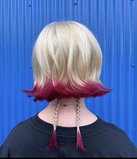 BREN- Nashville, TN on Instagram: "🪼 jellyfish cut + color correction 🪼 corrected with: wella silver toner, gooddyeyoung platinum dyeposit, goldwell 6RV max + protected with k18 🪄 #fruitshairlab #fruitsnashville #nashvillehairstylist #jellyfishcut #dyedtips #redhair #blondehair" Dyed Jellyfish Hair, Blonde Jellyfish Haircut, Rat Tail Braids, Jellyfish Haircut Braids, Jelly Fish Hair Cuts, Blond Red Hair, Short Jellyfish Cut, Colorful Short Hair, Jellyfish Hairstyle