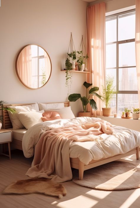 Bedroom decoration ideas, bedrooms for women are designed in a feminine, soft, cute style Bedroom Ideas Platform Bed, Peach Themed Bedroom Ideas, Peach And Cream Bedroom Ideas, Pale Peach Bedroom, Bright Cozy Bedroom Ideas, Pink Bedroom Women, Aesthetic Cosy Bedroom, Peachy Bedroom Aesthetic, Room Color Ideas Bedroom For Women