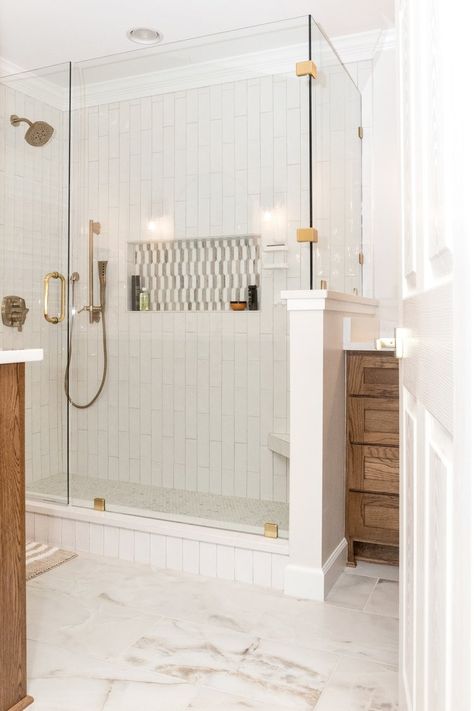 Tan And White Shower Tile, Bathroom Tile Gold Fixtures, Creamy Master Bath, Primary Bathroom Large Format Tile, Neutral Cream Bathroom, Bathroom Floor And Shower Tile Same, Brushed Champagne Bathroom Fixtures, Primary Bath Tile Combinations, Bathroom Tile With White Vanity