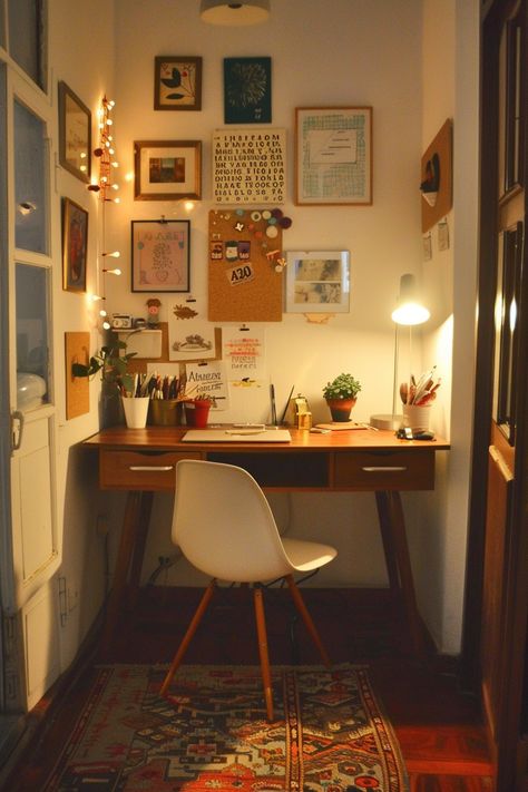 Study Desk In Living Room, Tiny Home Desk Ideas, Cute Office Desk Setup, Bedroom Small Desk Ideas, Small Bedroom Ideas Desk, Art Desk Setup Ideas, Home Office Simple, Tiny Desk Setup, Small Study Space Ideas