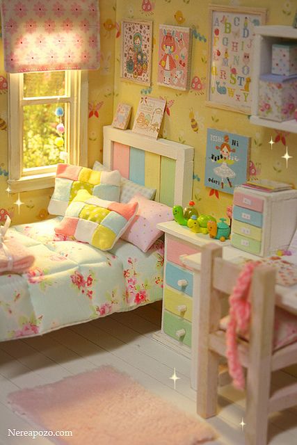 Pastel Rainbow Room by Keera, via Flickr Pastel Rainbow Room, Room Miniature, Room Pastel, Doll House Bedroom, Dollhouse Bedroom, Design House Stockholm, Rainbow Room, Rainbow Pastel, Casa Vintage