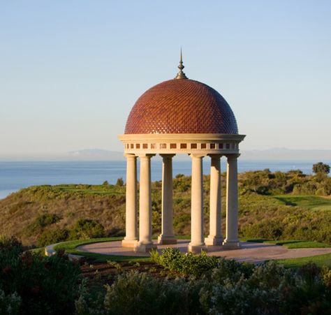 Pelican Hill Wedding Rotunda, Newport Beach, CA - The clay tile Dome Roof  has a dome base of 19’5″ and dome height, excluding ornament, of 9’8″. Approximately 4,000 pieces of Dome Tile were used in its construction. Rotunda Gazebo, Dome Roof, Roof Dome, Pelican Hill Wedding, Pelican Hill, Newport Coast, Pavilion Design, Hill Wedding, Building Roof