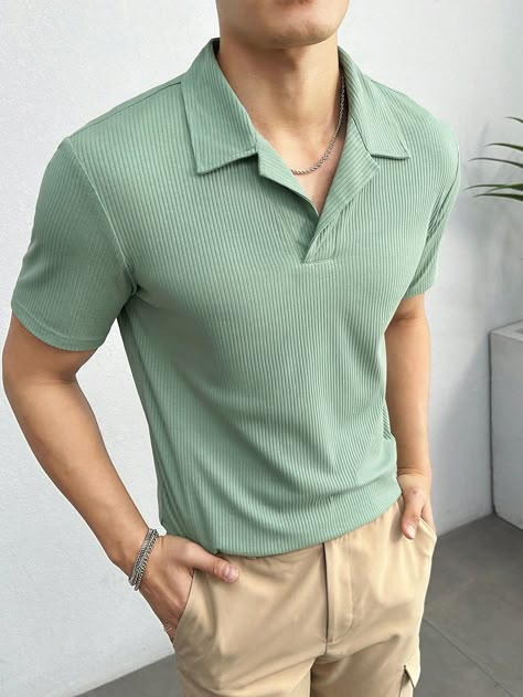 Mint Green Casual Collar Short Sleeve Knitted Fabric Plain  Embellished Slight Stretch  Men Tops B Fashion, Plain T Shirt, Knit Polo, Tshirt Pattern, Tee Shirt Homme, Plain Tshirt, Men's Knit, Men T Shirt, T Shirt For Men