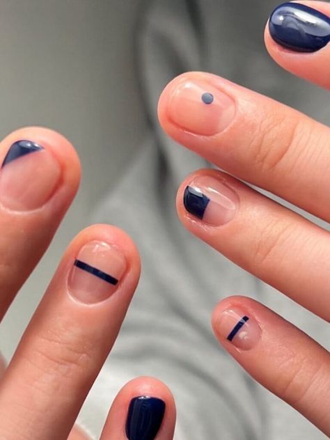 Minimal, Navy Negative Space Nail Design Navy Nail Art, Blue Prom Nails, Negative Space Nail Art, Classy Looks, Dark Blue Nails, Minimal Nails Art, Negative Space Nails, Space Nails, Pink Glitter Nails