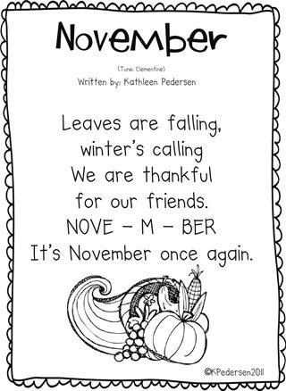 November Song--she has songs like this for every month as part of her kinder class calendar routine. November Poem, Classroom Playlist, Calendar Songs, Months Song, Kindergarten Poems, Poetry Center, November Classroom, Circle Time Songs, Thanksgiving School