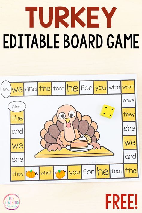 A fun editable turkey board game for Thanksgiving! Use this free printable to teach sight words, spelling words, CVC words and more in your Thanksgiving literacy centers. This Thanksgiving activity for kids is sure to be a hit! Thanksgiving Sight Word Activities, Thanksgiving Games Kindergarten, Turkey Board, Ece Teacher, Thanksgiving Literacy Centers, November Themes, Morning Baskets, Thanksgiving Literacy, Thanksgiving Centers