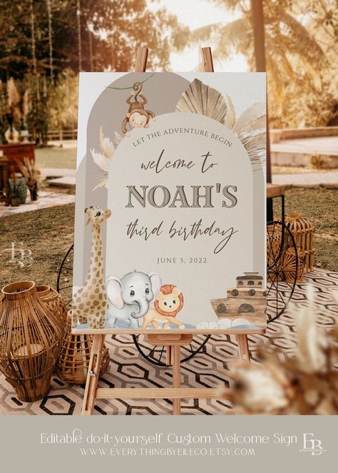 Noah's Ark Birthday Welcome Sign Editable, Muted Neutral Boho Noah's Ark 1st Birthday Party Decor Printable Sign, Safari Animals [Nh1] Safari First Birthday, First Birthday Welcome Sign, Noahs Ark Party, Noahs Ark Theme, Boho Safari, Noahs Ark Baby Shower, Wild Birthday Party, Welcome Sign Printable, Rainbow Decor