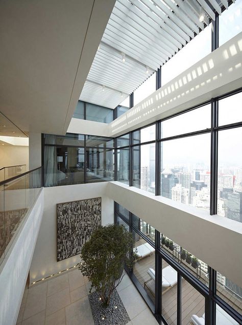 Luxury-chic urban penthouse with connection to nature Luxury Apartment Decor, Modern Apartment Interior, Glass Pavilion, Modern Apartment Design, Duplex Penthouse, Outdoor Sitting Area, Duplex Apartment, Shenzhen China, Penthouse Apartment