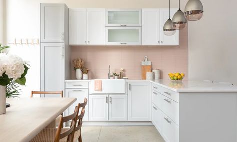 Gallery – BOXI Boxi Kitchens, Cabinets Styles, Glass Subway Tile Backsplash, Builder Grade Kitchen, Tile Kitchen Backsplash, Pink Tile, White Kitchen Backsplash, White Tile Backsplash, Blue Backsplash