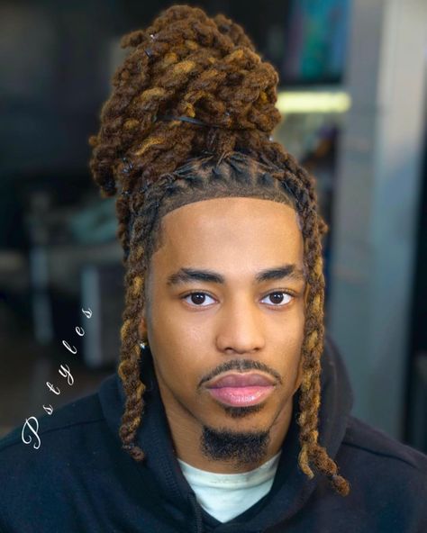 Loc Man Bun, Men Locs Hairstyles Black Man Wedding, Loc Styles Men Long, Men Updo Hairstyles, Men Loc Styles For Wedding, Loc Hairstyles Men Long, Dread Hairstyles For Men Color, Loc Updo For Men, Locs Ponytail Styles Men