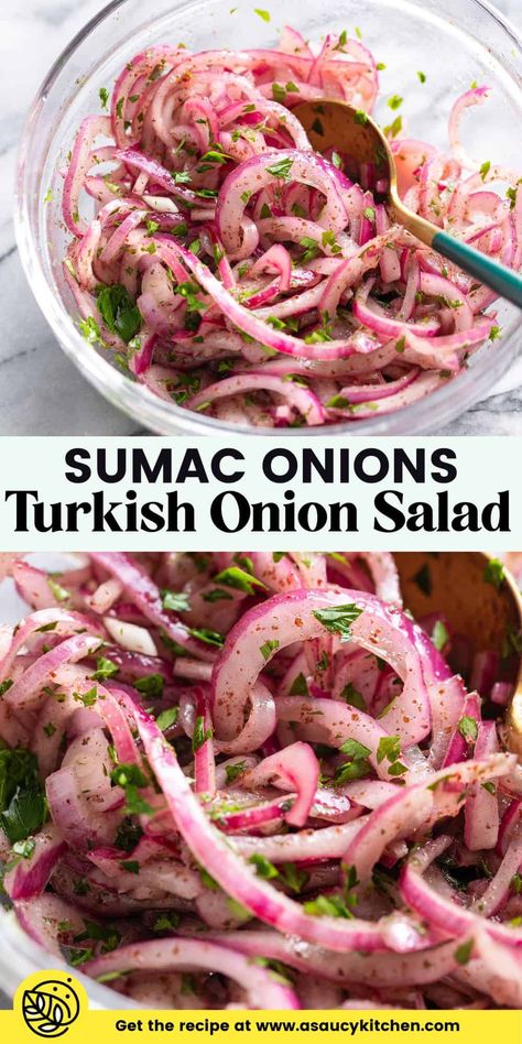 Salad With Sumac, Raw Onion Salad, Pickled Onion Salad, Ukrainian Salad Recipes, Sumac Salad, Sumac Dressing, Onion Salad Recipe, Simple Side Salad, Sumac Onions