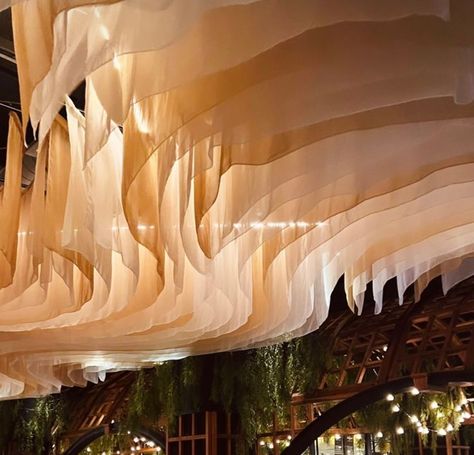 Ceiling Art Installation, Rooftop Patio Design, Fabric Installation, Wedding Ceiling, Outdoor Restaurant Design, Fabric Ceiling, Wedding Flower Design, Gazebo Wedding, Ceiling Art