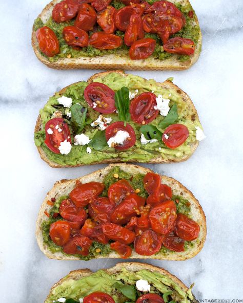 Roasted Tomato & Pesto Toast -  Diane's Vintage Zest! Pesto Tomato Toast, Hummus Tomato Toast, Toast With Tomatoes, Pesto Tomato Mozzarella Toast, Roasted Tomato Pesto, Pesto Toast, Zucchini Tater Tots, Hand Held Food, Tomatoes On Toast